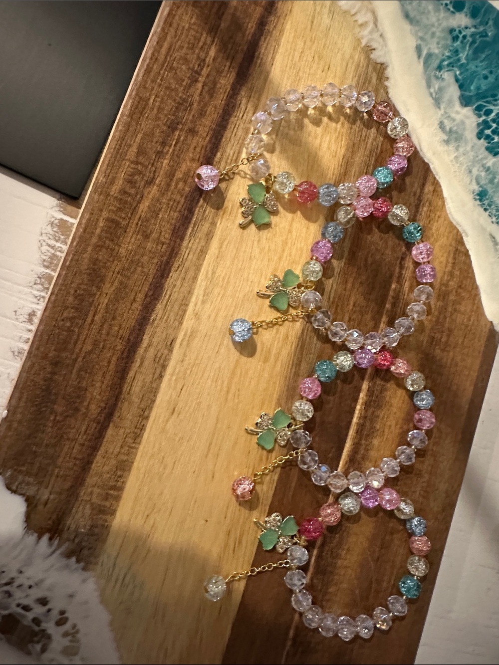 Multicolor Crystal Bead Stretch Bracelet with Gold Charm. 2-$18